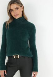 Ciemnozielony Golf Wełniany Karle. Zielone swetry Born2be, m, bez wzorów, z tkaniny, klasyczne, bez ramiączek. Za 54.99 zł.