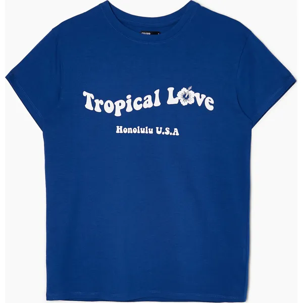 T-shirt z białym nadrukiem - Granatowy. Niebieskie t-shirty Cropp, l, bez wzorów, bez kołnierzyka, bez ramiączek. W wyprzedaży za 29.99 zł.