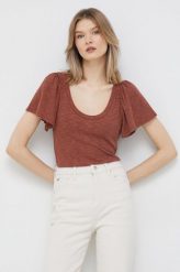 GAP t-shirt damski kolor brązowy. Brązowe t-shirty GAP, bez wzorów, z dzianiny, bez kołnierzyka, bez ramiączek. W wyprzedaży za 91.99 zł.
