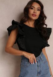 Czarna Bluzka z Falbankami Wokół Ramion i Okrągłym Dekoltem Palnn. Czarne bluzki Renee, m, bez wzorów, z bawełny, eleganckie, bez kołnierzyka, bez ramiączek. W wyprzedaży za 55.99 zł.