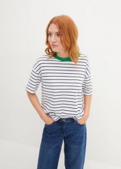 T-shirt w paski. Białe t-shirty bonprix, bez wzorów, bez kołnierzyka, bez ramiączek. Za 49.99 zł.