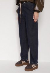 Niebieskie Bawełniane Jeansy o Szerokim Kroju z Wysokim Stanem ze Sznurkiem Carmencita. Niebieskie jeansy Born2be, l, bez wzorów, z bawełny, eleganckie, z podwyższonym stanem. Za 99.99 zł.