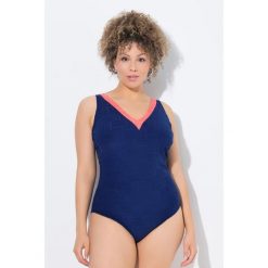 Damski Strój kąpielowy struktura bez miękkich miseczek dekolt w serek. Niebieskie stroje jednoczęściowe Ulla Popken, bez wzorów, z elastanu, sportowe. Za 239.99 zł.