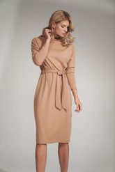 Sukienka z Golfem i Paskiem - Beżowa. Brązowe sukienki Figl, l, bez wzorów, z dzianiny, bez kołnierzyka, bez ramiączek. Za 349.00 zł.
