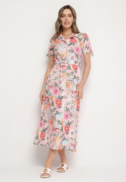 Różowa Rozkloszowana Sukienka o Koszulowym Kroju z Paskiem w Kwiatowy Wzór Fevelorine. Czerwone sukienki Born2be, na co dzień, m, bez wzorów, bez kołnierzyka, bez ramiączek, maxi, koszulowe. Za 129.99 zł.