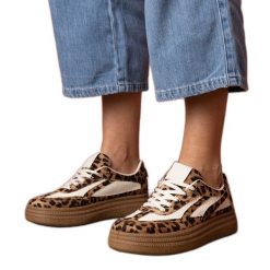 Panterkowe sneakersy trampki na grubej podeszwie brązowe. Brązowe trampki bez wzorów, z gumy, eleganckie, bez zapięcia. Za 135.07 zł.