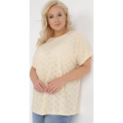 Beżowa Bluzka Galiolea. Brązowe bluzki Born2be, plus size, z aplikacjami, z dzianiny, bez kołnierzyka, plus size, bez ramiączek. W wyprzedaży za 35.99 zł.