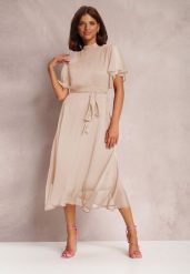 Beżowa Sukienka Syrissis. Brązowe sukienki Renee, m, bez wzorów, z materiału, eleganckie, bez kołnierzyka, bez ramiączek, midi, rozkloszowane. W wyprzedaży za 90.99 zł.