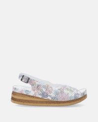 SANDAŁY NA KOTURNIE Z KOLOROWYM NADRUKIEM VE-065 FL WHITE. Białe sandały Venezia, bez wzorów, z nubiku, bez obcasa, na koturnie, bez zapięcia. Za 239.00 zł.