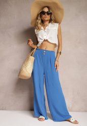Niebieskie Spodnie w Stylu Alladynek High Waist Wykończone Gumką w Pasie Riselma. Niebieskie jeansy Renee, bez wzorów, z jeansu, sportowe, z podwyższonym stanem. W wyprzedaży za 29.99 zł.