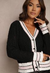 Czarny Kardigan z Wiskozą na Guziki z Paskami Liathalie. Czarne swetry Renee, bez wzorów, z jeansu, eleganckie, bez ramiączek. W wyprzedaży za 95.99 zł.