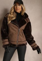 Brązowa Ocieplona Kurtka Biker z Futerkiem i Asymetrycznym Zapięciem Lioyana. Brązowe kurtki Renee, na zimę, l, bez wzorów, z futra, bez kaptura. W wyprzedaży za 167.99 zł.