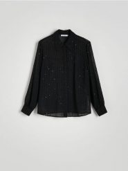 Koszula z cekinami - czarny. Czarne koszule Reserved, l, bez wzorów, z tkaniny, bez kołnierzyka, bez ramiączek. W wyprzedaży za 79.99 zł.