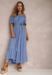 Niebieska Sukienka Amiphiphae. Niebieskie sukienki Renee, l, bez wzorów, z materiału, bez kołnierzyka, bez ramiączek, maxi, rozkloszowane. W wyprzedaży za 55.99 zł.
