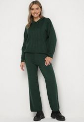 Ciemnozielony Dzianinowy Komplet Bluza z Kapturem w Warkoczowy Splot i Spodnie z Szerokimi Nogawkami Narahai. Zielone bluzy Born2be, bez wzorów, z dzianiny, bez ramiączek, z kapturem. Za 129.99 zł.