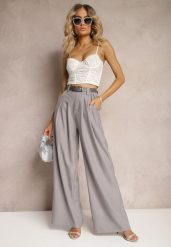Szare Spodnie Palazzo High Waist z Szerokimi Nogawkami i Paskiem z Metalową Klamrą Oinna. Szare jeansy Renee, l, bez wzorów, z jeansu, biznesowe, z podwyższonym stanem. W wyprzedaży za 127.99 zł.