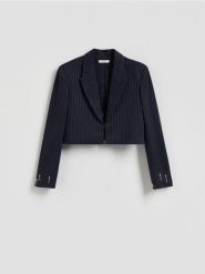 Krótka marynarka z aplikacjami - granatowy. Niebieskie marynarki i żakiety Reserved, l, z aplikacjami, z tkaniny, bez ramiączek. Za 159.99 zł.