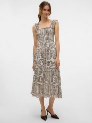 Vero Moda Sukienka w kolorze beżowym rozmiar: XS. Brązowe sukienki Vero Moda, na imprezę, s, bez wzorów, z wiskozy, klasyczne, bez kołnierzyka, bez ramiączek, midi. Za 88.23 zł.
