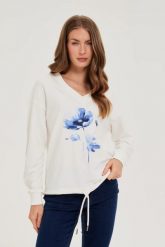 Bluza z nadrukiem biała. Białe bluzy MOODO, l, bez wzorów, z bawełny, bez ramiączek, bez kaptura. Za 99.99 zł.