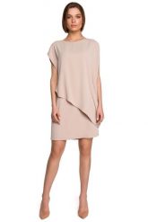Krótka Dwuwarstwowa Sukienka - Beżowa. Brązowe sukienki MOE, l, bez wzorów, z elastanu, wizytowe, bez kołnierzyka, bez ramiączek, mini. Za 324.90 zł.