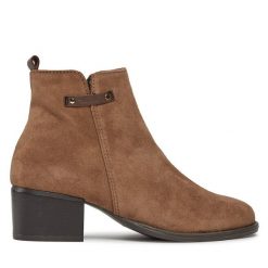 Botki Tamaris. Brązowe botki Tamaris, bez wzorów, bez obcasa, na słupku, bez zapięcia. Za 269.99 zł.