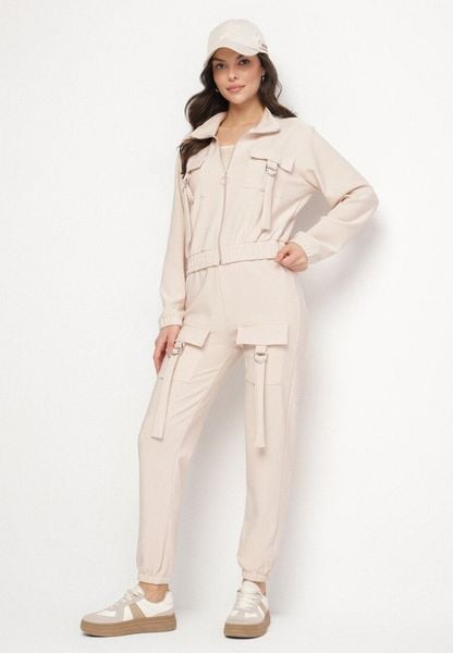 Jasnobeżowy Komplet Dresowy Bluza Rozpinana i Spodnie Slim w Stylu Utility Telavienna. Brązowe bluzy Born2be, m, bez wzorów, z dresówki, bez kaptura. Za 79.99 zł.