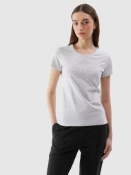 4F T-shirt slim z nadrukiem damski - szary XS. Szare t-shirty 4f, xs, bez wzorów, z bawełny, sportowe, bez kołnierzyka, bez ramiączek. W wyprzedaży za 39.99 zł.