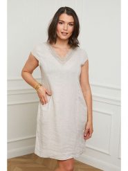 Curvy Lady Lniana sukienka w kolorze beżowym rozmiar: 44/46. Brązowe sukienki Curvy Lady, na co dzień, bez wzorów, ze lnu, klasyczne, bez kołnierzyka, bez ramiączek, mini, proste. Za 110.04 zł.