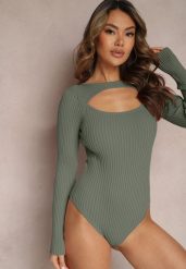 Zielone Body Prążkowane z Wycięciem na Dekolcie Kisse. Zielone body i gorsety Renee, bez wzorów, z dzianiny, bez ramiączek. W wyprzedaży za 43.99 zł.