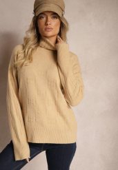 Beżowy Golf o Klasycznym Kroju Savelle. Brązowe swetry Renee, l, bez wzorów, z jeansu, eleganckie, bez ramiączek. W wyprzedaży za 87.99 zł.