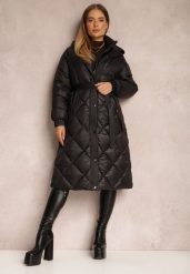 Czarna Kurtka za Kolano Pikowana z Wiązanym Paskiem Cealia. Czarne kurtki Renee, na jesień, xl, bez wzorów, klasyczne. Za 289.99 zł.