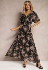 Czarno-Różowa Sukienka Kopertowa z Krótkim Rękawem Wiązana z Tyłu z Gumką w Talii Cristola. Czarne sukienki Renee, l, bez wzorów, eleganckie, bez kołnierzyka, bez ramiączek, maxi, kopertowe. W wyprzedaży za 91.99 zł.