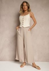 Beżowe Szerokie Spodnie z Wiskozy ze Sznurkiem Natisetia. Brązowe jeansy Renee, bez wzorów, z jeansu, eleganckie. W wyprzedaży za 55.99 zł.