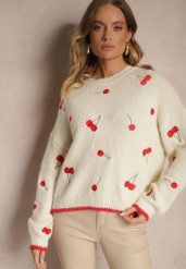 Jasnobeżowy Sweter w Wisienki z Dodatkiem Wełny Eltintia. Brązowe swetry Renee, m, bez wzorów, z wełny, casualowe, bez ramiączek. W wyprzedaży za 135.99 zł.
