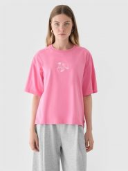 4F T-shirt oversize z nadrukiem damski - różowy S. Czerwone t-shirty 4f, s, bez wzorów, z bawełny, klasyczne, bez kołnierzyka, bez ramiączek. W wyprzedaży za 29.99 zł.