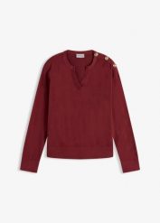 Bawełniany sweter z ozdobnymi guzikami. Czerwone swetry bonprix, bez wzorów, z bawełny, eleganckie, bez ramiączek. Za 89.99 zł.