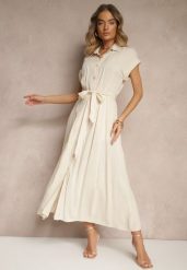 Beżowa Koszulowa Sukienka z Wiskozy z Paskiem Rinaira. Brązowe sukienki Renee, na co dzień, l, bez wzorów, z materiału, eleganckie, bez kołnierzyka, bez ramiączek, maxi, koszulowe. W wyprzedaży za 97.99 zł.