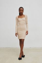 Sukienka dopasowana z dekoltem w kształcie serca BEIGE - FUSION-XS/S. Brązowe sukienki Marsala, na imprezę, s, bez wzorów, z bawełny, bez kołnierzyka, bez ramiączek, mini, bodycon. W wyprzedaży za 99.95 zł.