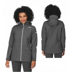 Kurtka przeciwdeszczowa dla kobiet Regatta Hamara III. Szare kurtki przeciwdeszczowe Regatta, bez wzorów, bez kaptura, trekkingowe. Za 229.99 zł.