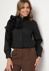 Czarna Koszula z Wiskozą z Ozdobną Aplikacją przy Dekolcie Ridivienne. Czarne koszule Born2be, uniwersalny, z aplikacjami, z jeansu, eleganckie, bez kołnierzyka, bez ramiączek. W wyprzedaży za 50.99 zł.
