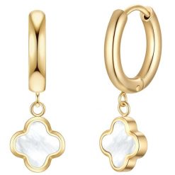 Glanzstücke München Kolczyki Creolen koniczyna ze stali nierdzewnej w zlocie z masa perlowa 1 ct Damski. Białe kolczyki Glanzstücke München, z perłą, pozłacane. Za 199.99 zł.