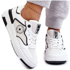 Damskie Sportowe Buty Big Star LL274440 Biało-Czarne białe. Białe buty treningowe bez wzorów, z gumy, bez zapięcia, trekkingowe. Za 244.76 zł.