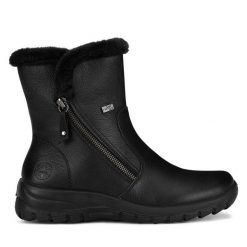 Botki Rieker. Czarne botki Rieker, bez wzorów, bez obcasa, na płaskiej podeszwie, bez zapięcia. Za 299.99 zł.