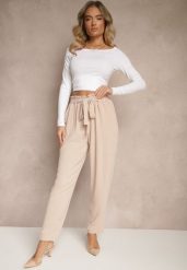 Beżowe Spodnie High Waist Ozdobione Wiązanym Paskiem Araleira. Brązowe jeansy Renee, bez wzorów, z jeansu, z podwyższonym stanem, długie. W wyprzedaży za 32.99 zł.