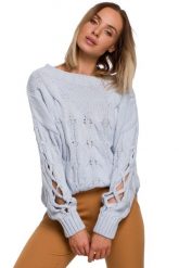 Sweter z Rozcięciem na Rękawach - Błękitny. Niebieskie swetry MOE, l, bez wzorów, z materiału, bez ramiączek. Za 219.90 zł.