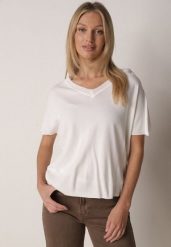 Biała Bluzka z Wiskozą o Nietoperzowym Kroju Oromeda. Białe bluzki Born2be, uniwersalny, bez wzorów, z jeansu, bez kołnierzyka, bez ramiączek. Za 79.99 zł.