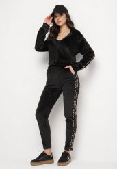 Czarny Welurowy Komplet Dresowy z Lampasem w Panterkę Spodnie i Bluza Elliorielle. Czarne bluzy Born2be, l, bez wzorów, z dresówki, z kapturem. W wyprzedaży za 72.24 zł.