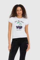 JUICY COUTURE Biały t-shirt damski z wisienkami slim. Białe t-shirty Juicy Couture, s, bez wzorów, bez kołnierzyka, bez ramiączek. W wyprzedaży za 279.99 zł.