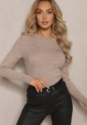 Jasnobeżowy Casualowy Sweter z Prążkowanego Materiału Zintra. Brązowe swetry Renee, m, bez wzorów, z jeansu, casualowe, bez ramiączek. W wyprzedaży za 63.99 zł.