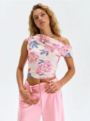 Bluzka z asymetrycznym dekoltem w kwiaty - wielobarwny. Bluzki Sinsay, l, bez wzorów, z asymetrycznym kołnierzem, bez ramiączek. Za 29.99 zł.